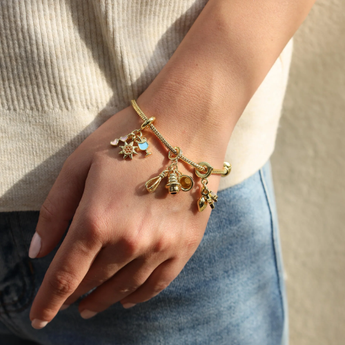 18K Gold Plated European Charm Bracelet with Heart Clasp